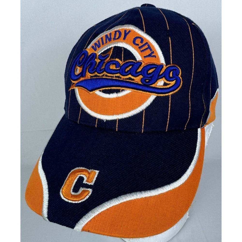 Y2K Chicago "Windy City" Embroidered Bears Pin Stripe Block Strapback Hat GC